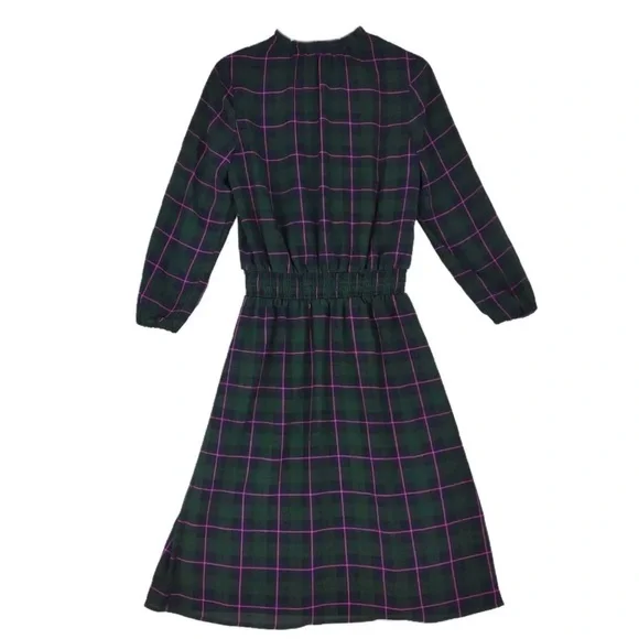 J.CREW Dark Green Plaid Blouson Dress, Ruffle Tie Collar Puff Sleeve Size Medium - Picture 10 of 16